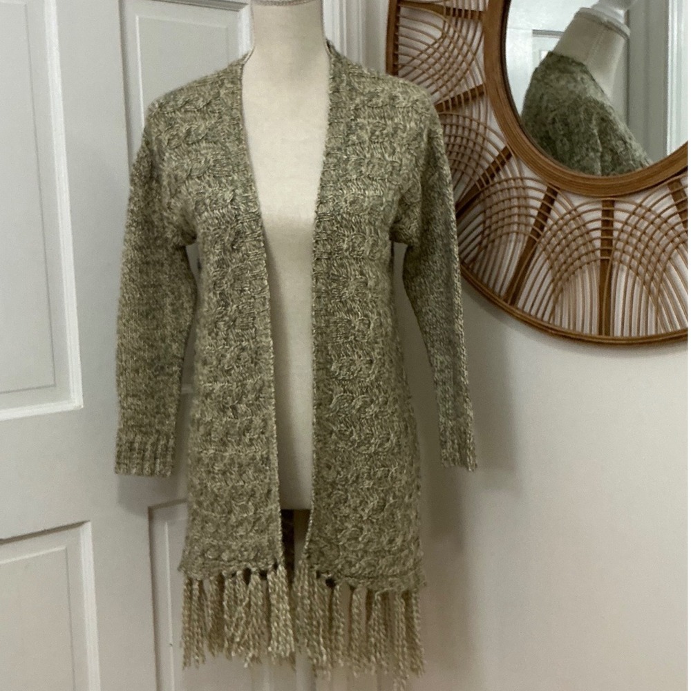 Neiman Marcus Fringed Wool Blend Cardigan S Chunky Knit Duster Western Boho
